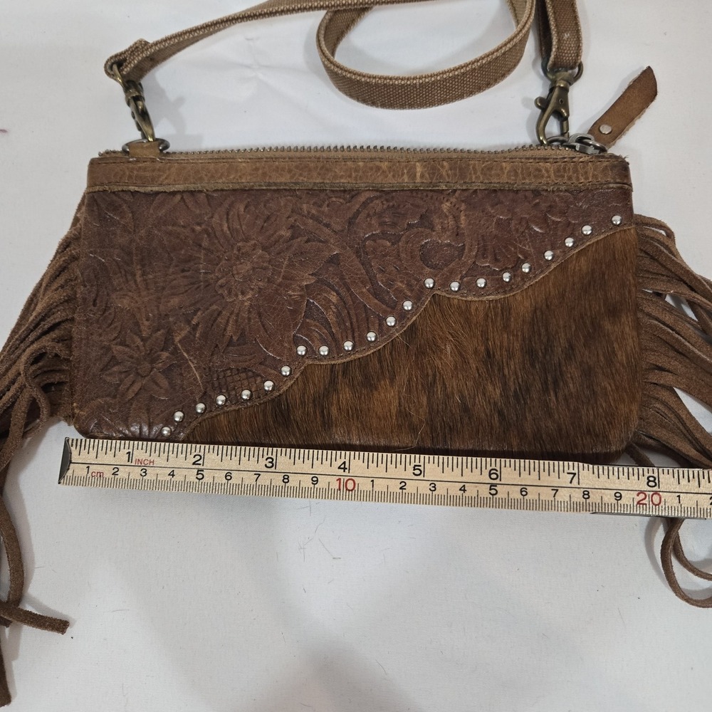 Montana West Genuine Leather Cowhide Fringe Crossbody Clutch Brown Western - Picture 10 of 14